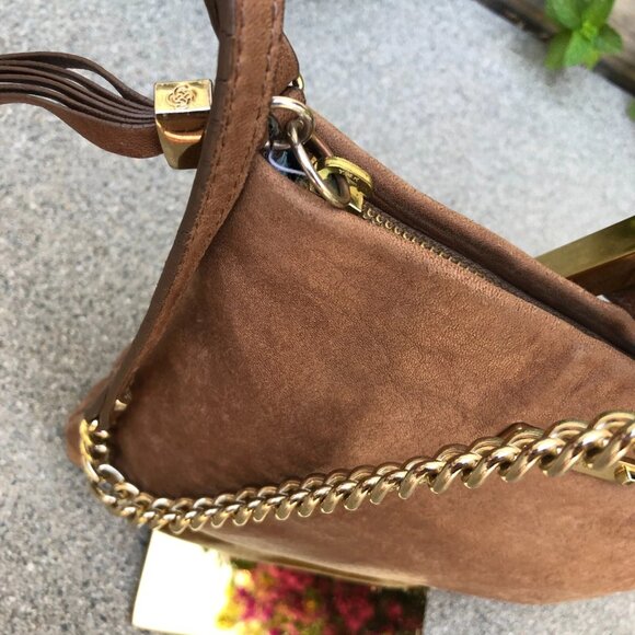 STELLA & DOT Leather Chain Crossbody Purse Brown Bag Zipper Womens - Picture 10 of 13